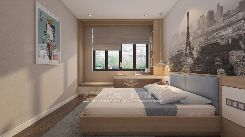 Sắp xếp nội thất phòng ngủ với ý tưởng tập trung vào công năng từ góc làm việc, học tập và giảm thiểu tối đa chi tiết không hữu hiệu như tivi và thay vào đó là tranh treo tường in canvas nghệ thuật đẹp mắt. Thiết kế chung cư