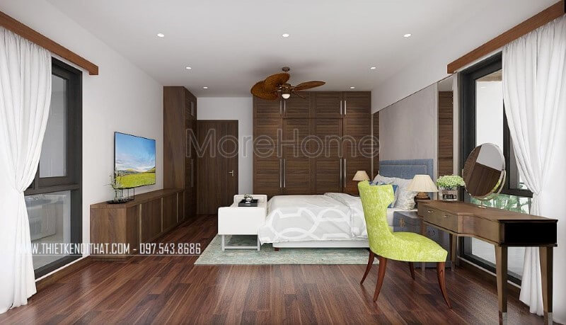 Nội thất phòng ngủ master gỗ óc chó trở thành điểm nhấn bởi vẻ đẹp hoàn hảo được tôn lên từ Sàn gỗ, bộ bàn ghế trang điểm, tủ quần áo, kệ tivi, cửa gỗ. Thiết kế chung cư