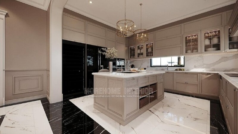 Tủ bếp chữ U gỗ tự nhiên cao cấp tạo vẻ đẹp sang trọng cho không gian nhà phố, biệt thự. Tủ bếp đẹp