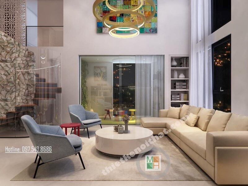 Thiết kế nội thất phòng khách chung cư với chất liệu tối giản như gỗ công nghiệp, kính cường lực... vẫn đảm bảo tính tiện nghi cho gia chủ, đồng thời mang đến cảm giác cơi nới, rộng rãi, thống nhất, vừa đảm bảo tính thẩm mỹ cho không gian Thiết kế phòng khách chung cư hiện đại