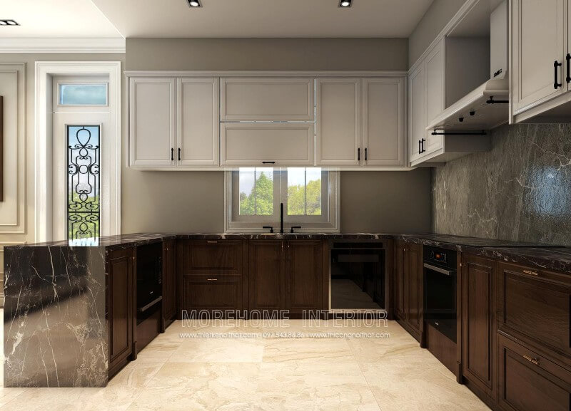 Thiết kế tủ bếp biệt thự song lập Vinhomes RiverSide cao cấp Tủ bếp gỗ, tủ bếp gỗ tự nhiên, tủ bếp tân cổ điển