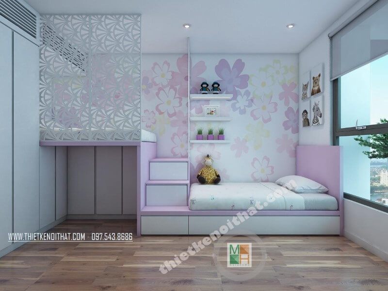 Sự đơn giản trong từng vật dụng của căn phòng kết hợp với các màu sắc hoạt tiết độc đáo của giấy dán tường mang lại cho con bạn thích thú hơn