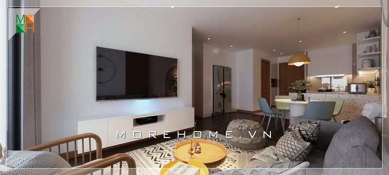 Thiết kế phòng khách chung cư ấn tượng với phong cách hiện đại trẻ trung và sinh động tạo nên một góc nhìn lôi cuốn.