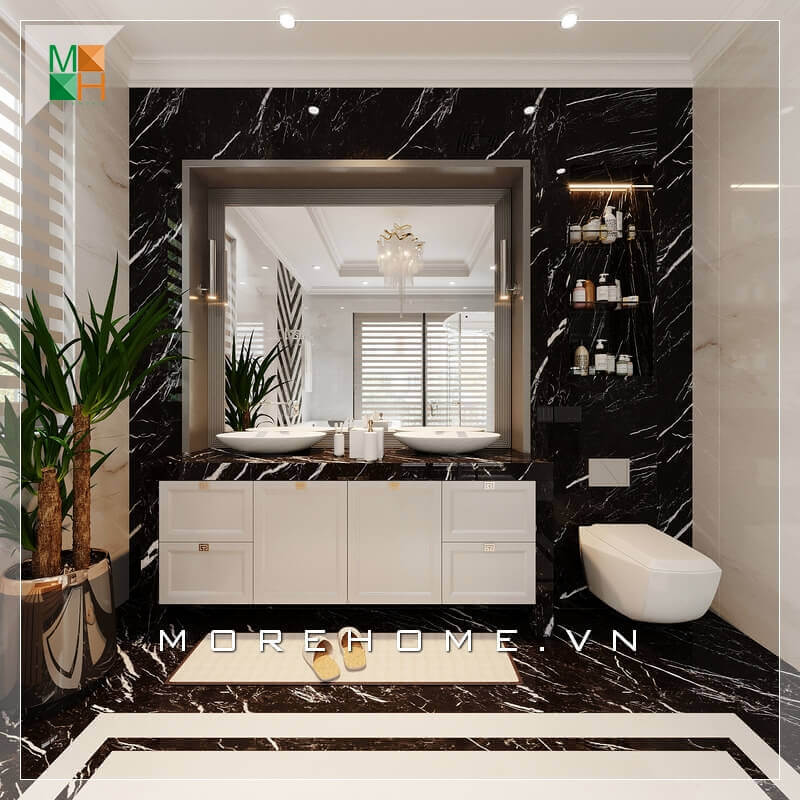 Thiết kế sử dụng gương lớn trong nhà tắm rất sang trọng khiến căn phòng tắm biệt thự, chung cư cảm giác rộng và sang trọng hơn.