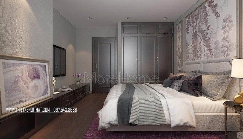 Kệ tủ gỗ công nghiệp chạy dọc tường phòng ngủ tạo khu vực trưng bày đẹp mắt, tiết kiệm diện tích sử dụng.