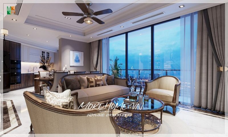 Bộ sofa bằng gỗ tự nhiên bọc nỉ màu nâu phong cách tân cổ điển sang trọng